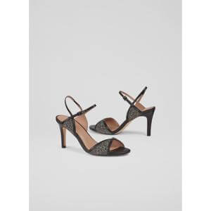 Estelle Black Leather Crystal Detail Heel Sandals